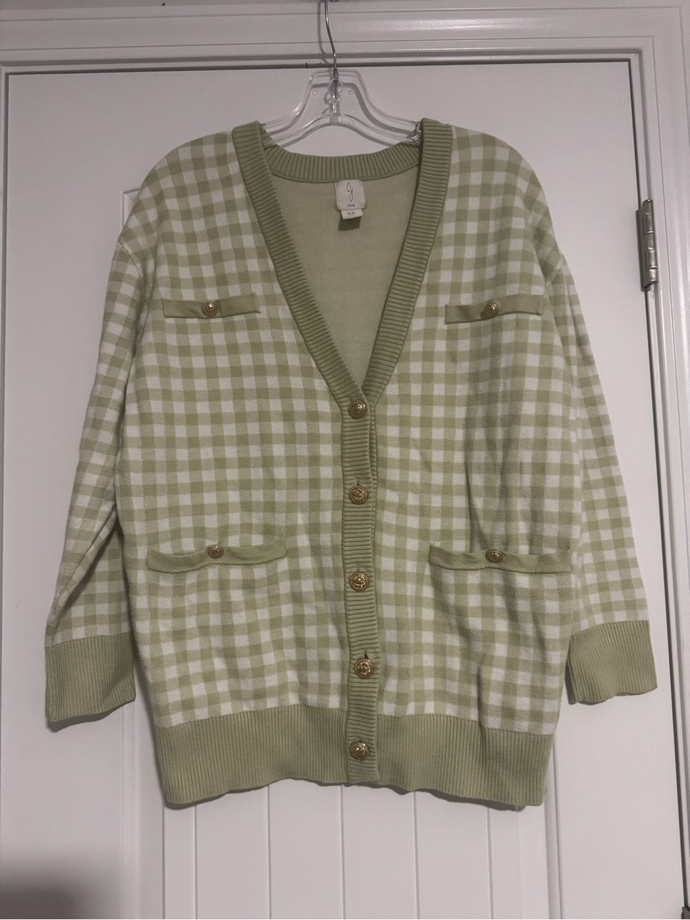 Joie Sage Green Gingham V-Neck Cardigan with Gold Buttons